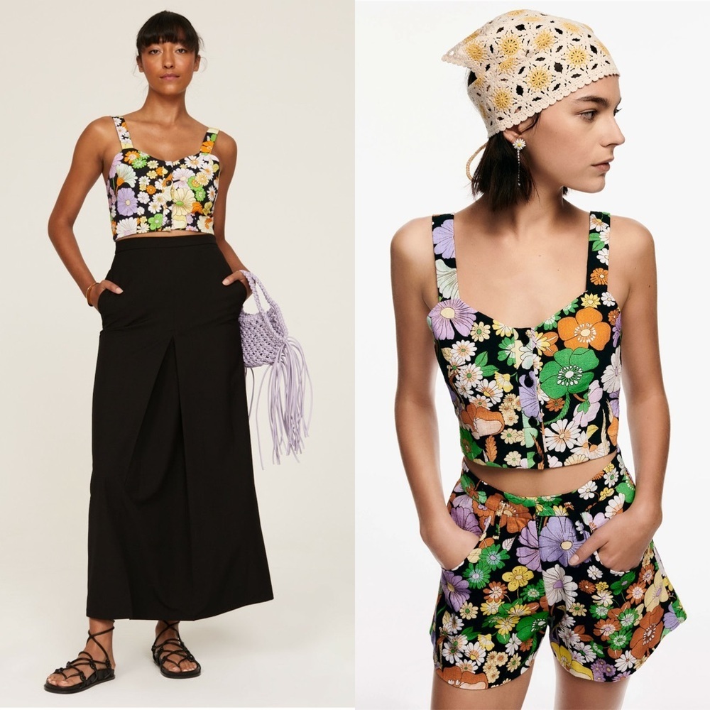 MAJE 70s Flower Power Floral Print Button Front‎ V-Neck Sleeveless Crop Top S